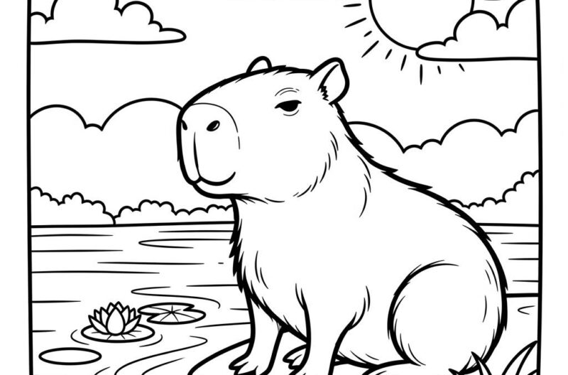 Capivara feliz no lago (Desenho para Colorir)